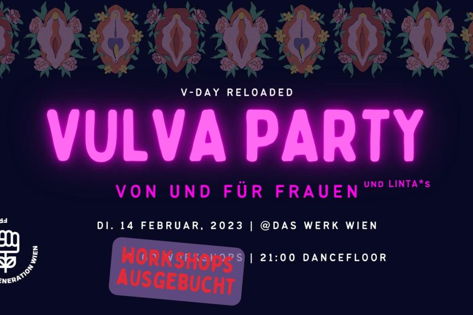 Werbeplakat für eine „Vulva Party“ am 14. Februar 2023 im „Das Werk“ in Wien.