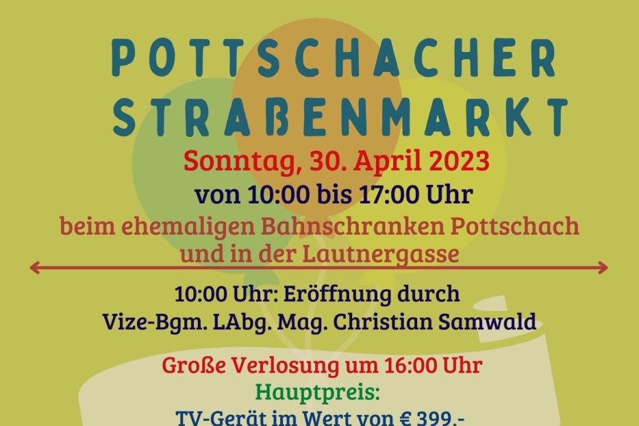 Ein Werbeplakat für den Pottschacher Straßenmarkt am 30. April 2023 mit Oldtimer-Treffen und Kinderprogramm.