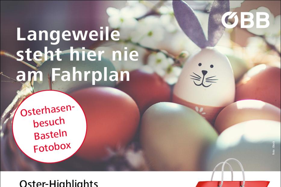 Dekorierte Ostereier und ein roter ÖBB-Einkaufsbeutel werben für Oster-Highlights.