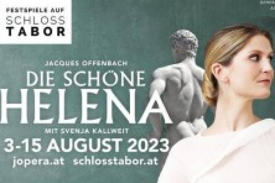 Werbeplakat für die Operette „Die schöne Helena“ von Jacques Offenbach auf Schloss Tabor.