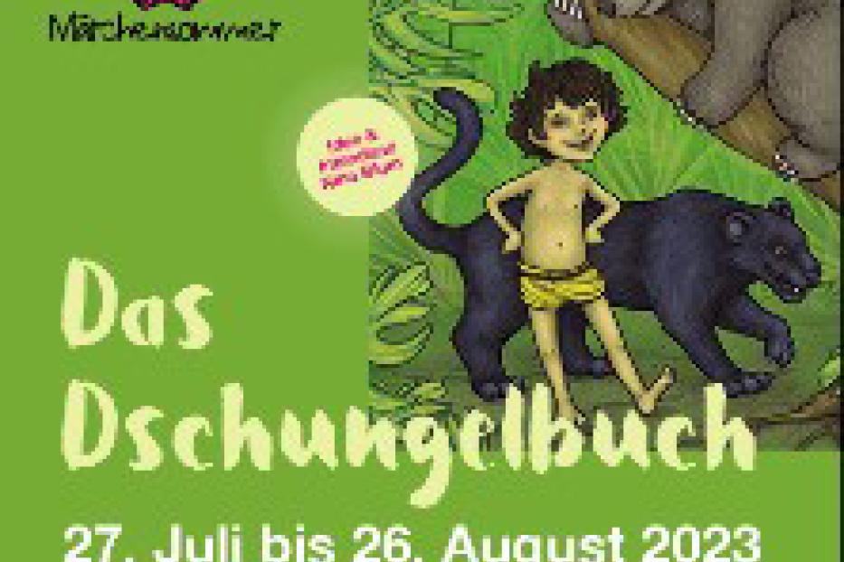Ein Werbeplakat für das Theaterstück „Das Dschungelbuch“ mit Mogli, Balu und Baghira.