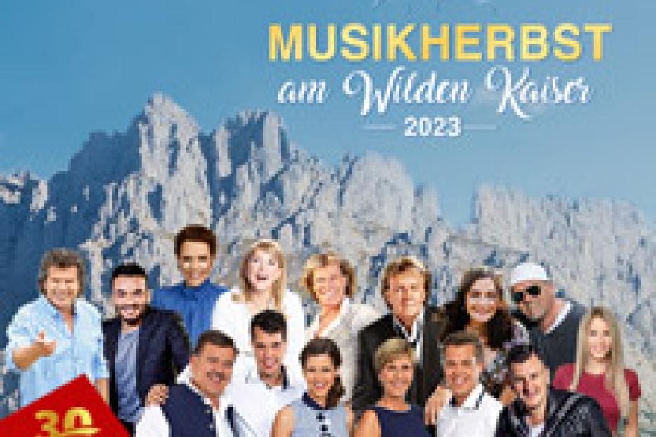 Das Veranstaltungsplakat für den Musikherbst am Wilden Kaiser 2023 zeigt zahlreiche Künstler vor Bergkulisse.