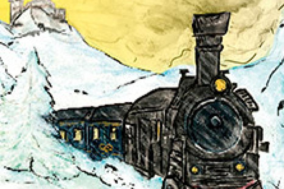 Eine Dampflokomotive fährt durch eine verschneite Winterlandschaft mit einem Schloss im Hintergrund.