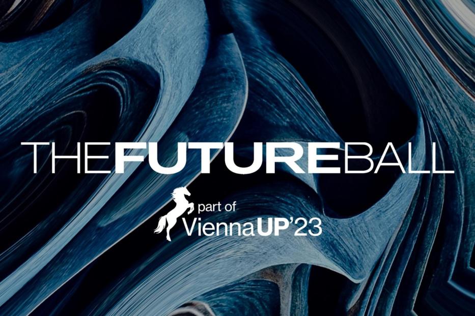 Abstrakte blaue und weiße Grafik für den „The Future Ball“ der ViennaUP’23.