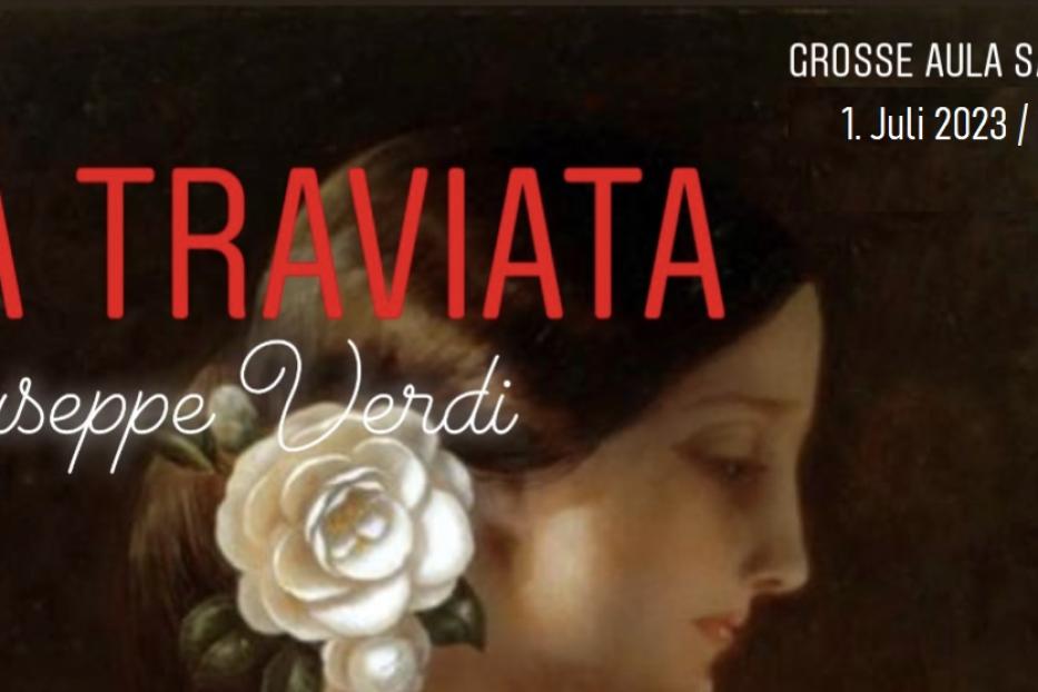 Werbeplakat für „La Traviata“ von Giuseppe Verdi in der Großen Aula Salzburg am 1. Juli 2023.