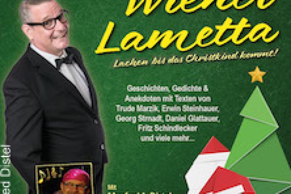 Das Cover von „Wiener Lametta“ zeigt Manfred Distel vor einem grünen Hintergrund mit Weihnachtsmotiven.