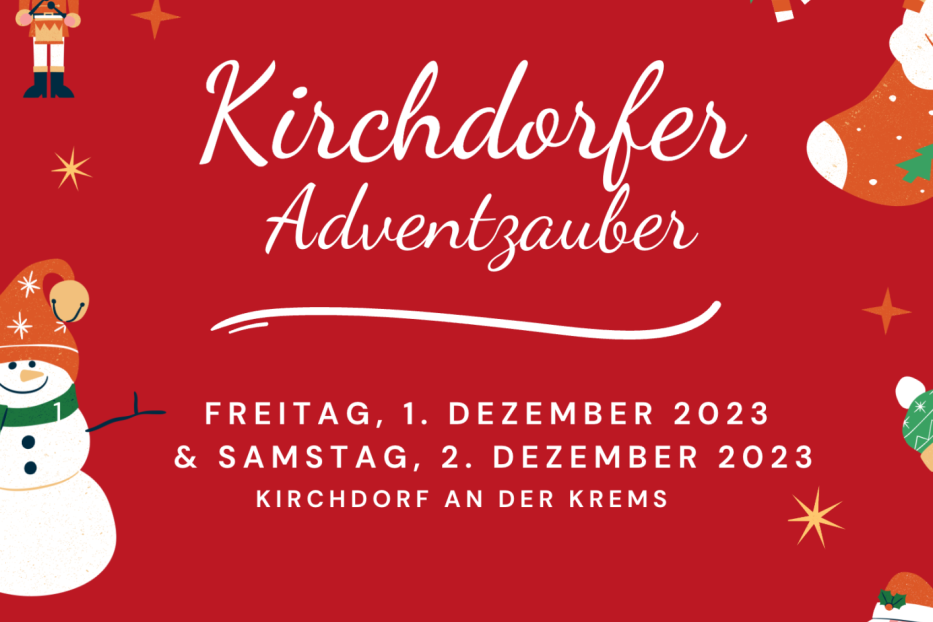Ein roter Hintergrund mit Illustrationen zum Thema „Kirchdorfer Adventzauber“.