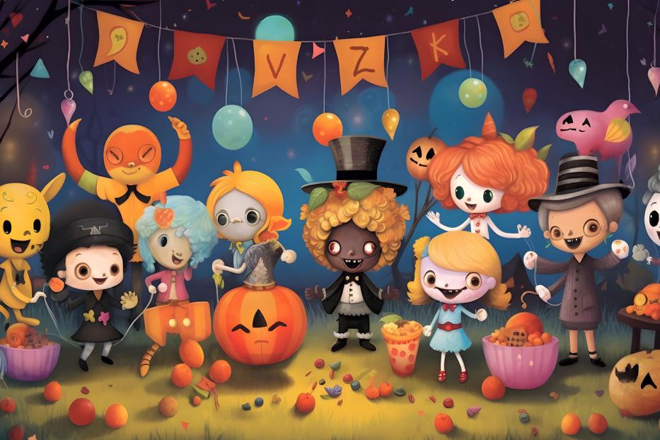 Eine Gruppe von Cartoon-Kindern in Halloween-Kostümen vor einem dunklen Hintergrund.
