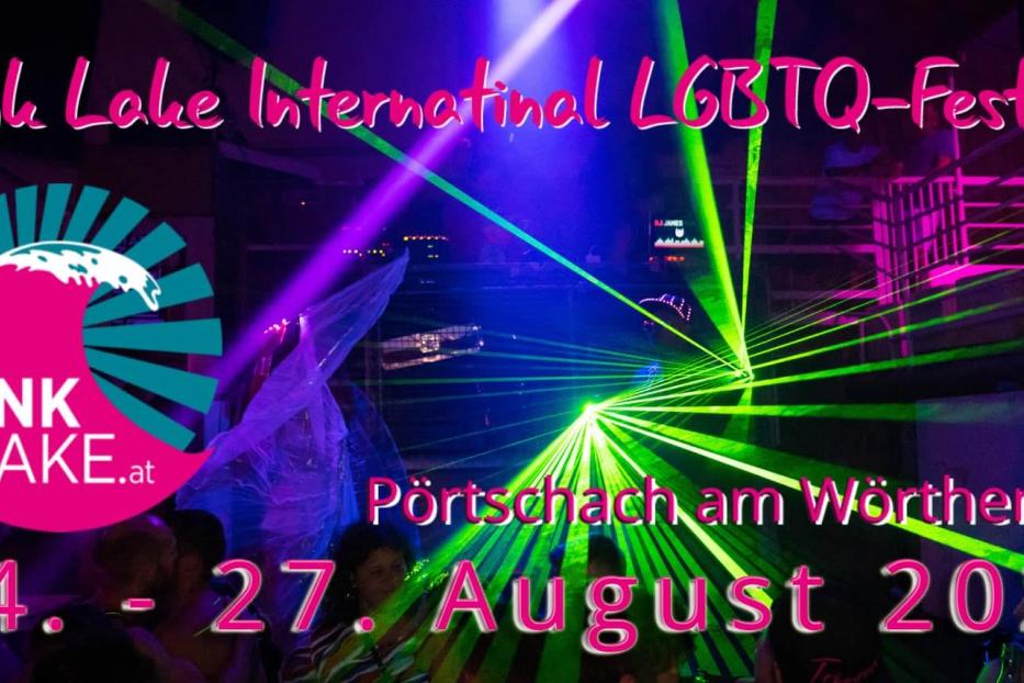 Werbung für das Pink Lake International LGBTQ-Festival in Pörtschach am Wörthersee, 24.-27. August 2023.