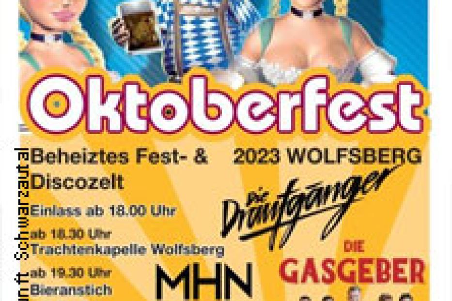 Ein Oktoberfest-Plakat mit drei Comicfiguren in Tracht und dem Schriftzug „Oktoberfest“.