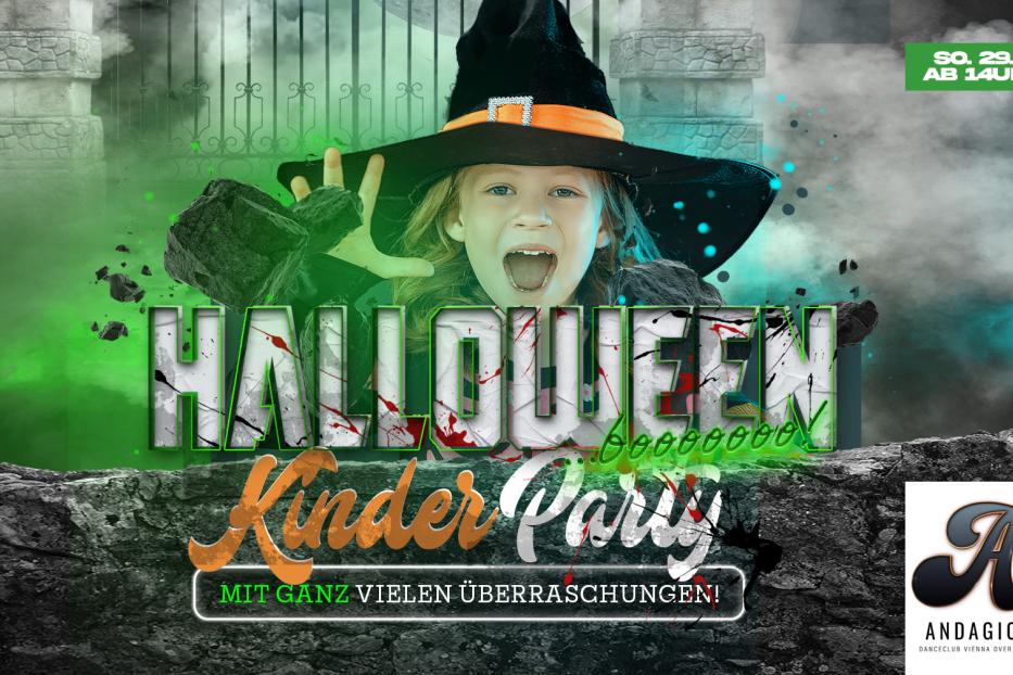 Ein Kind mit Hexenhut schreit auf einem Halloween-Kinderparty-Plakat.