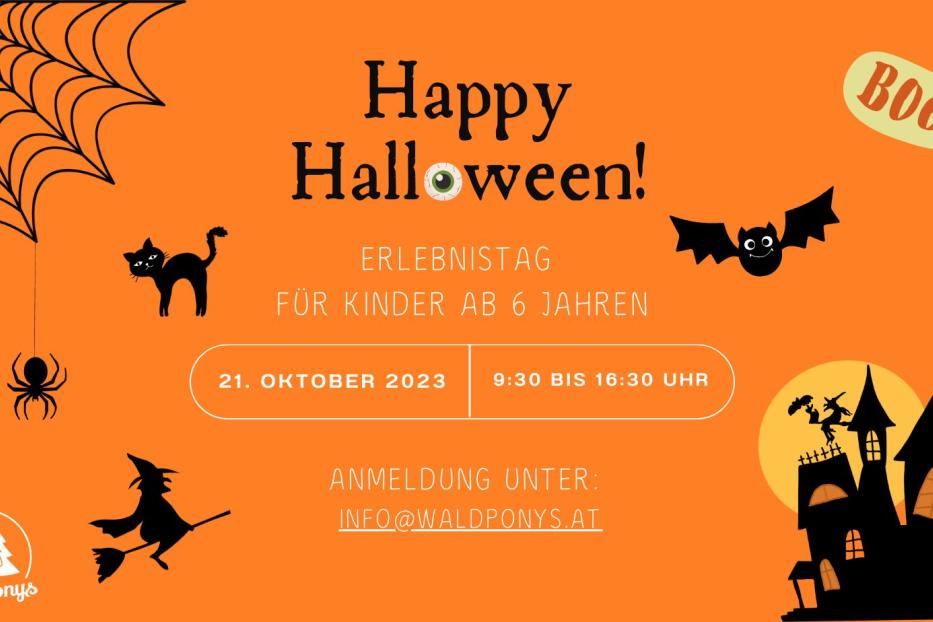 Ein orangefarbenes Halloween-Poster mit einer Spinne, einer Katze, einer Hexe und einem Spukhaus.