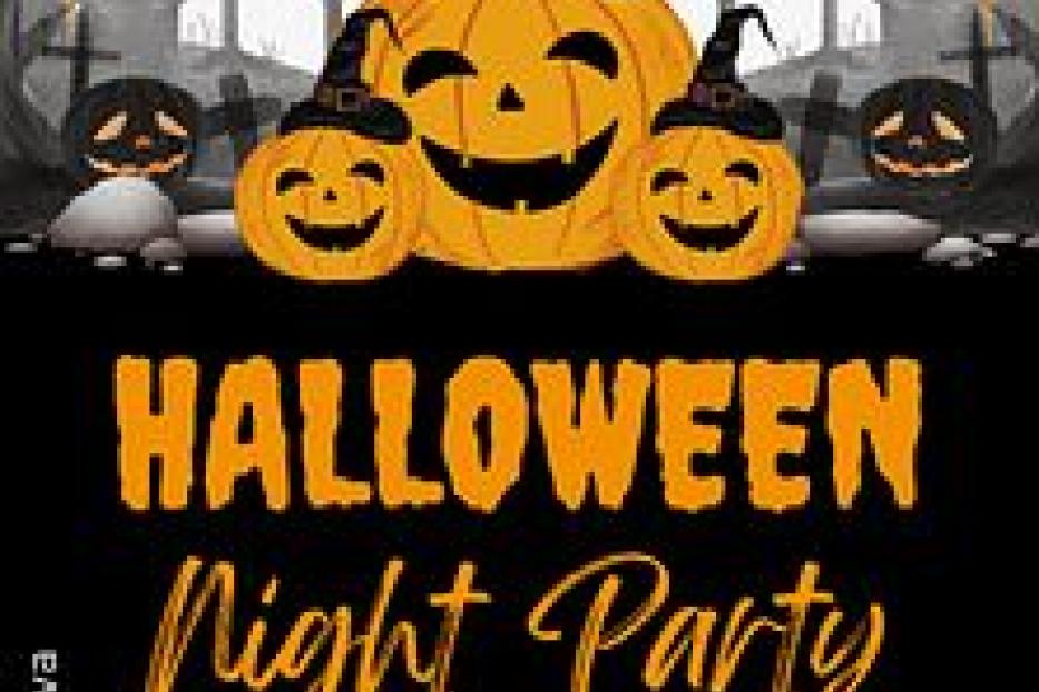 Eine Halloween-Party-Ankündigung mit Kürbissen, Grabsteinen und dem Text „Halloween Night Party, 31. Oktober ab 19.00 Uhr“.