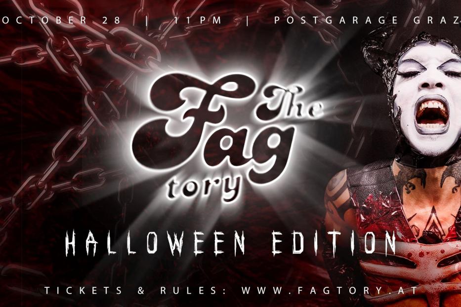 Werbeplakat für „The Fagtory Halloween Edition“ am 28. Oktober in der Postgarage Graz.