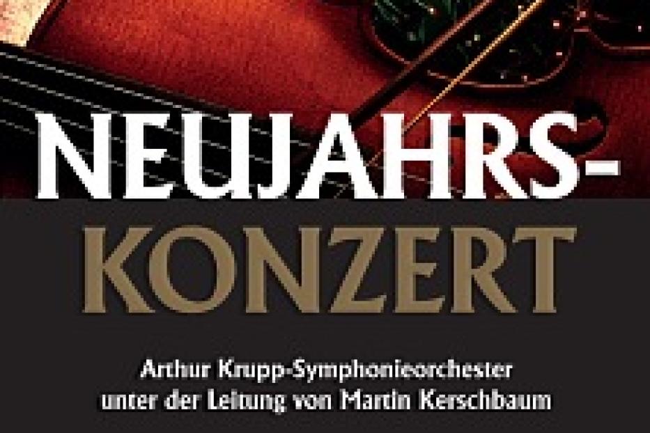 Das Plakat für ein Neujahrskonzert mit einem Foto einer Geige im Vordergrund.