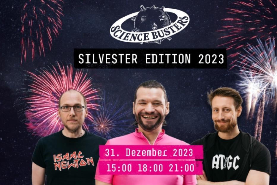 Das „Science Busters“-Team präsentiert die Silvester Edition 2023 vor einem Feuerwerkshintergrund.