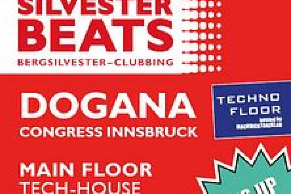 Ein rotes Werbeplakat für „Silvester Beats“ im Congress Innsbruck.