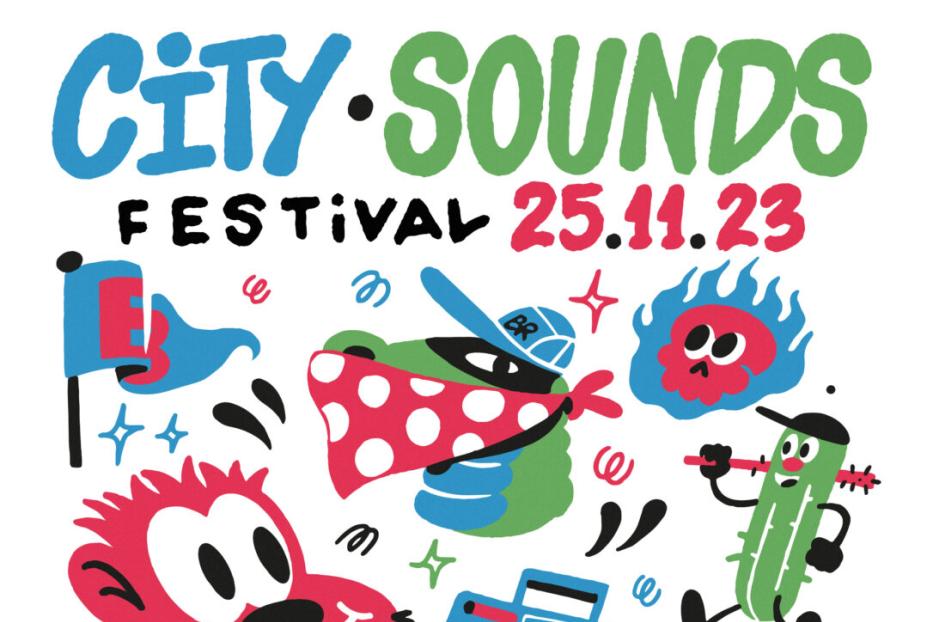 Ein farbenfrohes, cartoonartiges Plakat für das „City Sounds Festival“ am 25.11.23 mit verschiedenen Comicfiguren.