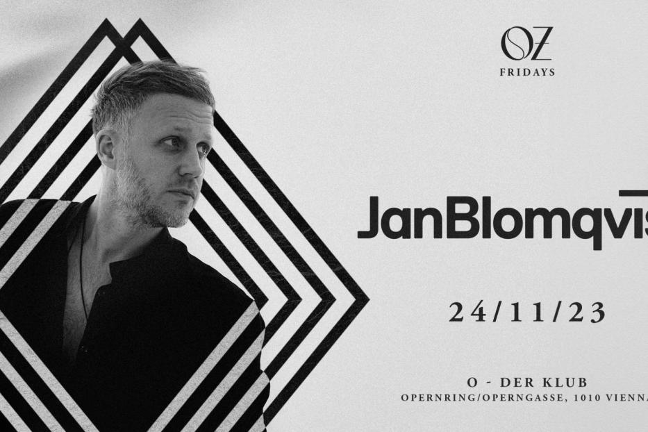Ein Schwarz-Weiß-Porträt des Musikers Jan Blomqvist vor einem grafischen Hintergrund.