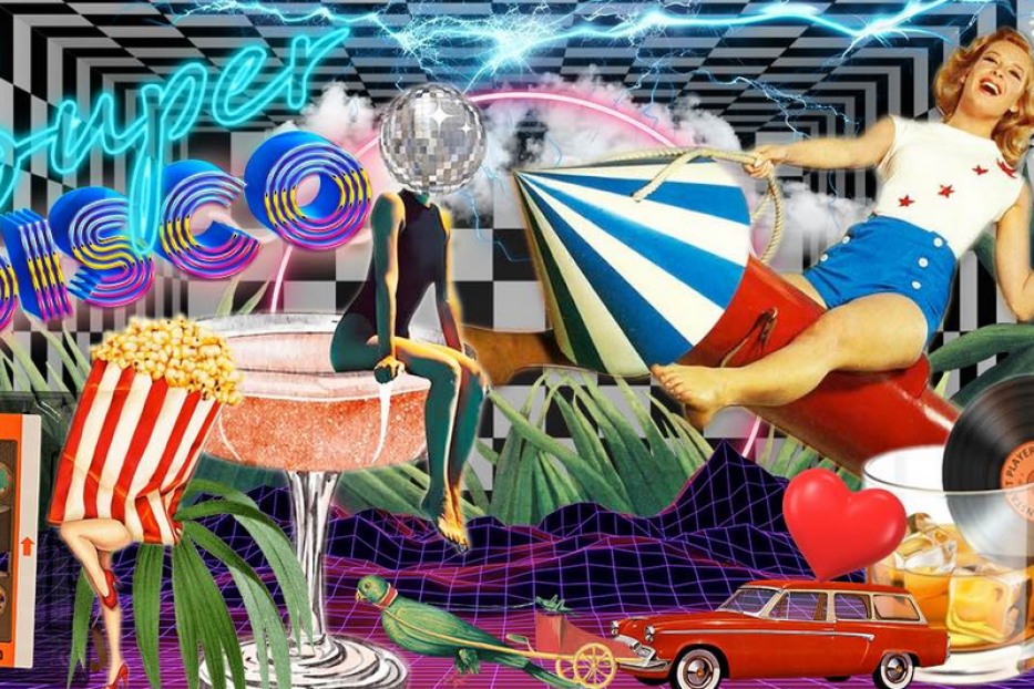 Eine Collage mit Disco-Elementen, darunter eine Frau auf einer Rakete, eine Discokugel und Popcorn.