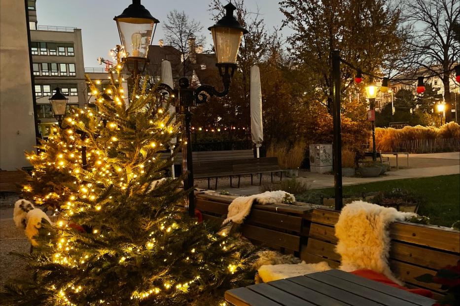 Ein mit Lichtern geschmückter Weihnachtsbaum in einem Außenbereich mit Tischen und Bänken.