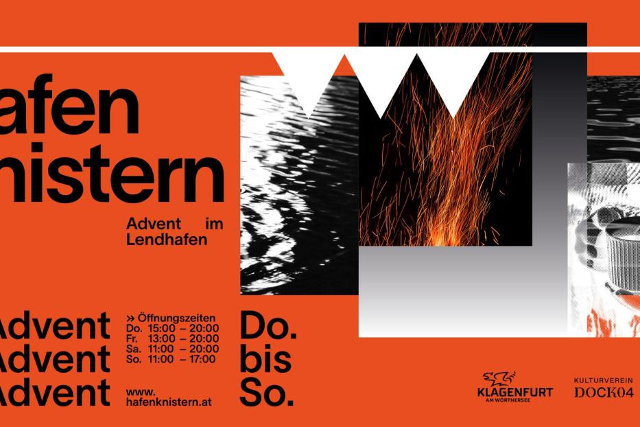 Werbeplakat für „Hafen Knistern“, einen Adventmarkt am Lendhafen in Klagenfurt.