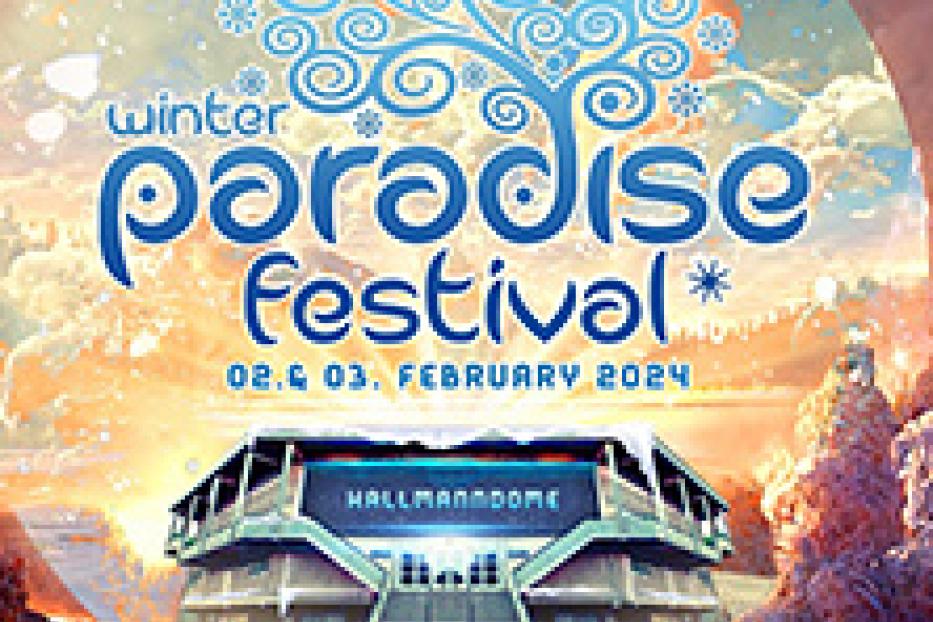 Ein Werbeplakat für das „Winter Paradise Festival“ am 2. und 3. Februar 2024 vor dem Hallmann Dome.