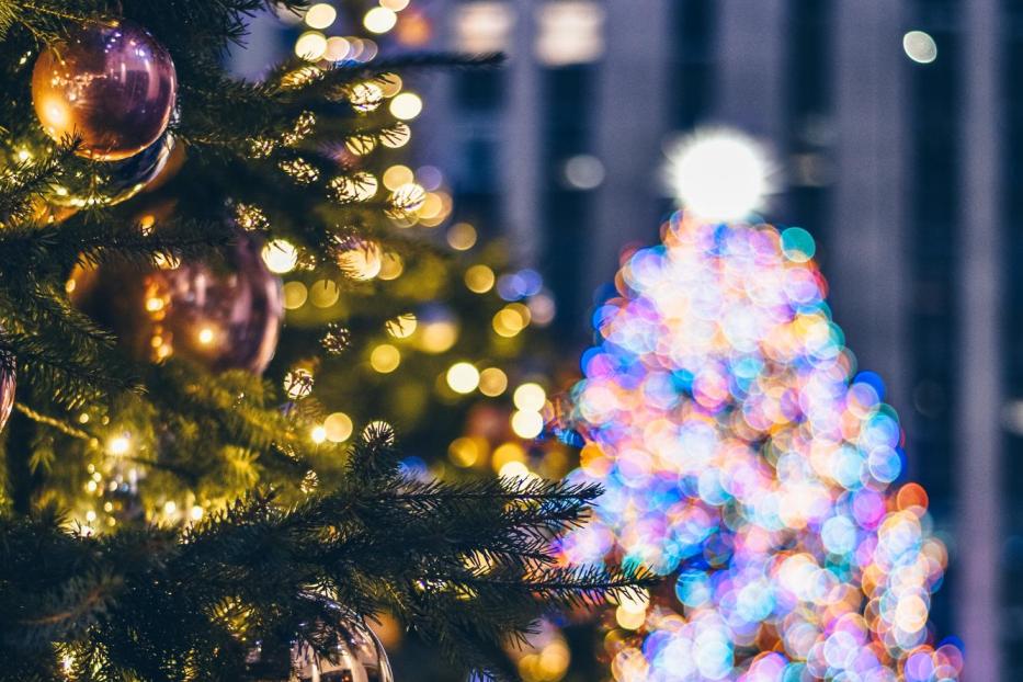 Zwei Weihnachtsbäume, einer mit goldenen Kugeln, der andere mit bunten Lichtern, stehen vor einem Gebäude.