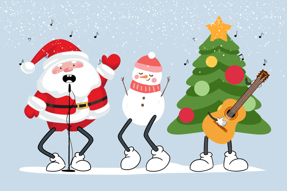 Eine singende Weihnachtsmann-Figur, ein Schneemann und ein Weihnachtsbaum mit Gitarre stehen unter fallendem Schnee.