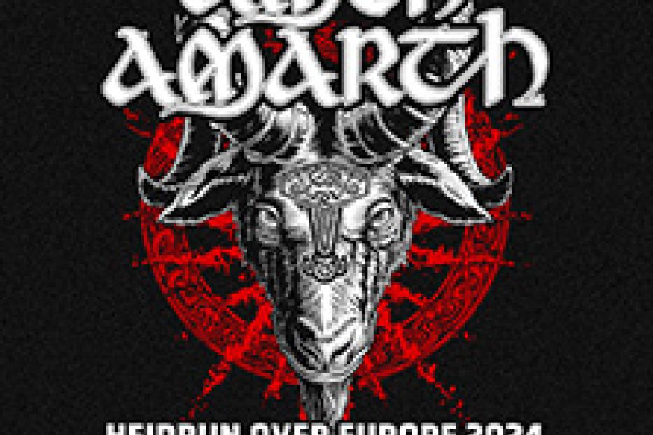 Ein Konzertplakat für Amon Amarths „Heidrun Over Europe 2024“-Tour mit einem stilisierten Ziegenkopf.