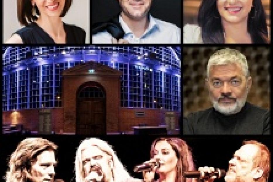 Collage mit Porträts von Personen und einer Konzertlocation.
