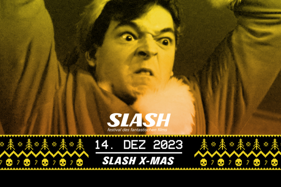 Ein Mann mit grimmigem Gesichtsausdruck auf einem Werbeplakat für das Slash X-Mas Festival 2023.