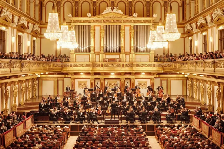 Ein Orchester spielt vor Publikum in einem opulenten Konzertsaal.