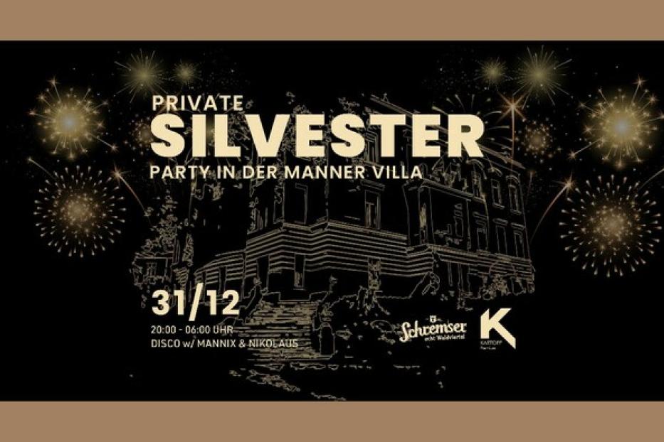 Eine Ankündigung für eine private Silvesterparty in der Manner Villa mit Feuerwerk.