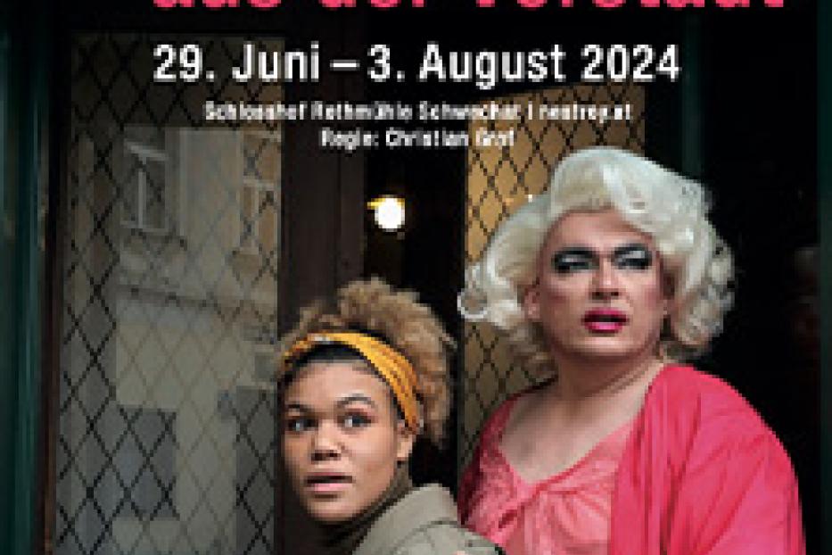 Ein Theaterplakat für „Das Mädl aus der Vorstadt“ mit zwei Darstellern.