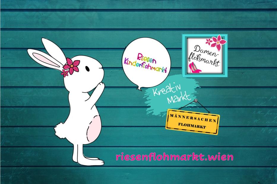 Ein Cartoon-Hase wirbt für einen Flohmarkt mit Damen-, Herren-, Kinder- und Kreativ-Artikeln.