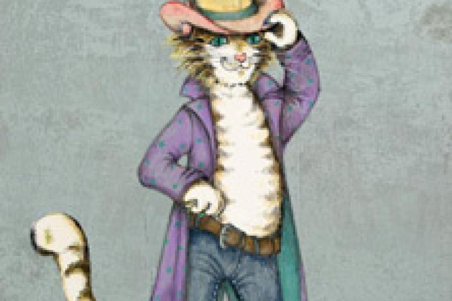 Eine anthropomorphe Katze im Cowboyhut und Mantel posiert selbstbewusst.