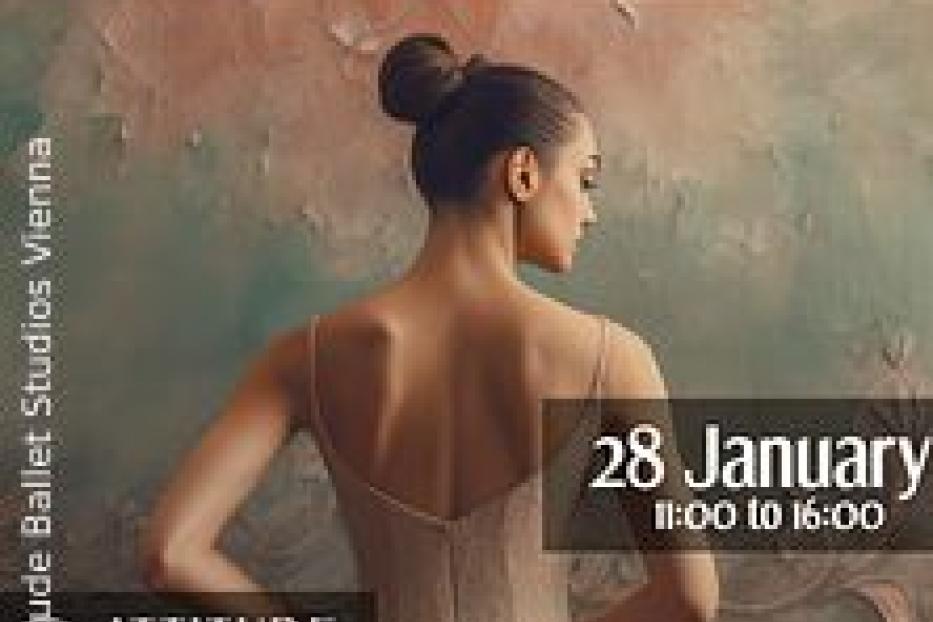 Eine Ballerina vor einem farbenfrohen Hintergrund kündigt einen Ballett-Flohmarkt am 28. Januar an.