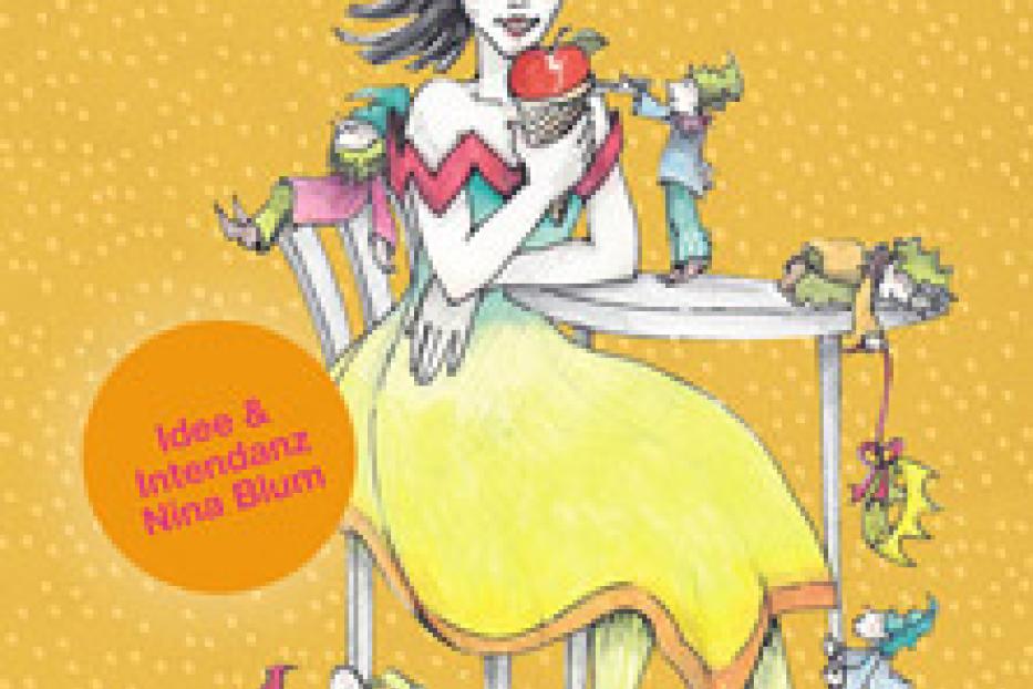 Eine Illustration zeigt eine Frau mit einem Apfel, umgeben von kleinen Figuren.