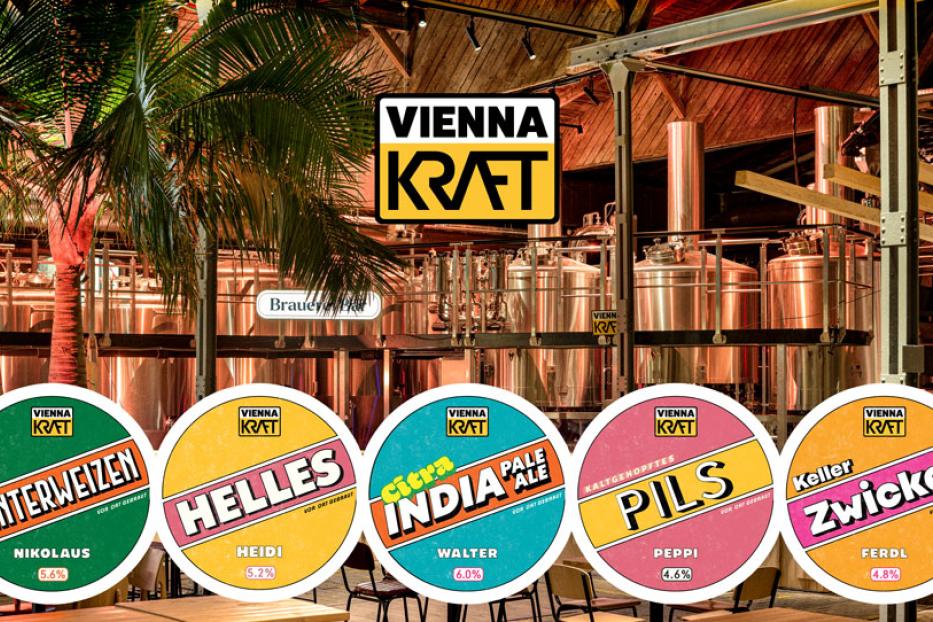 Eine Auswahl an Biersorten der Marke Vienna Kraft in einer Brauerei.