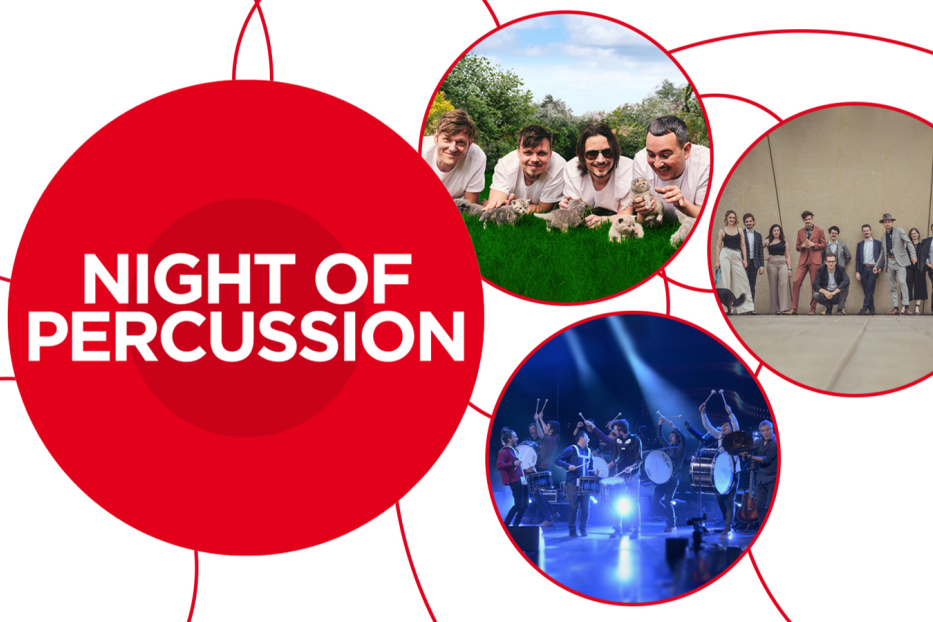Collage-artiges Werbebild für „Night of Percussion“ mit verschiedenen Künstlergruppen.