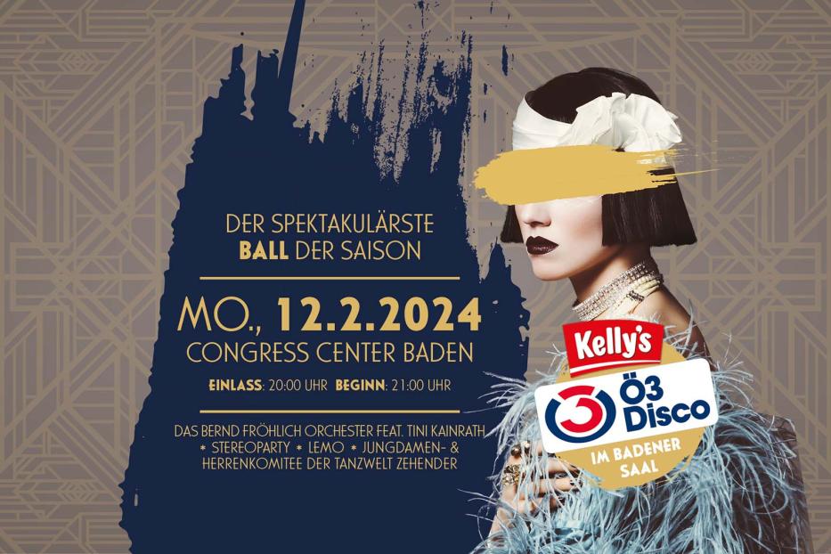 Eine stilisierte Frau im Stil der 1920er Jahre wirbt für den spektakulärsten Ball der Saison im Congress Center Baden.