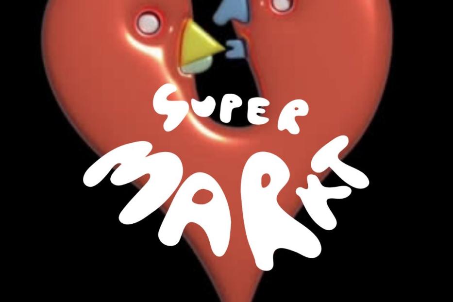 Werbeplakat für eine „Superbude“-Party am 4. Februar mit DJs, Getränken, Tattoos und Secondhand-Kleidung.