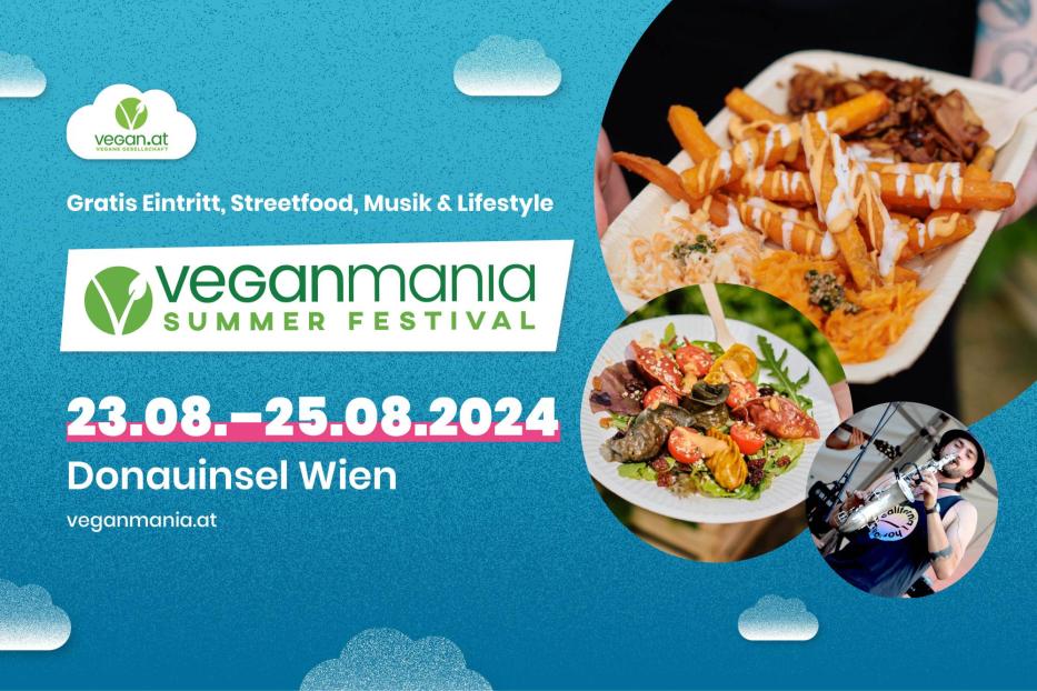 Werbung für das Veganmania Sommer Festival vom 23. bis 25. August 2024 auf der Donauinsel in Wien.