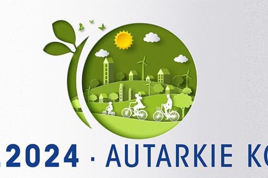 Das Logo des Autarkie Kongress 2024 mit städtischer Szene und Radfahrern.