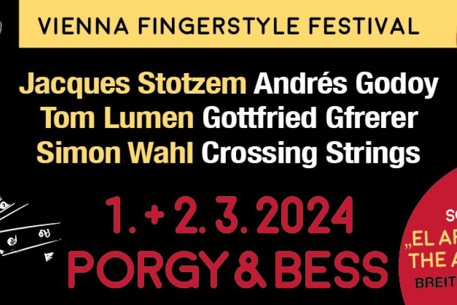 Werbebanner für das Vienna Fingerstyle Festival mit Jacques Stotzem und anderen Gitarristen.