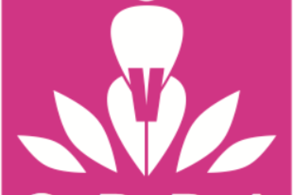 Ein stilisiertes Logo mit einer Figur in einer Lotusblüten-ähnlichen Form vor einem pinkfarbenen Hintergrund.