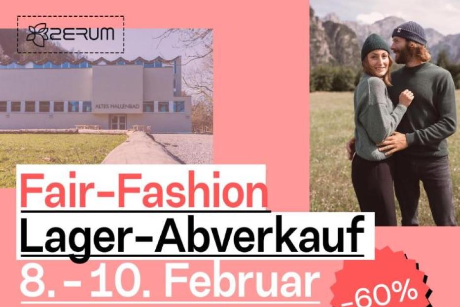 Ein Paar in lässiger Kleidung vor einer Bergkulisse; Werbung für Zerum Fair-Fashion Lager-Abverkauf.