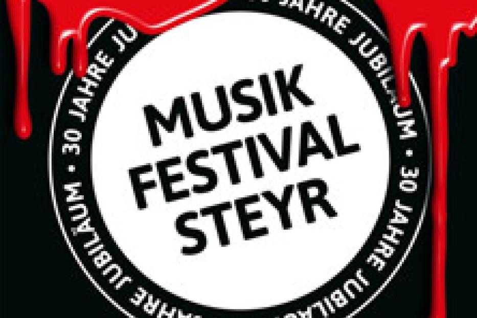 Logo des Musikfestival Steyr zum 30-jährigen Jubiläum mit roter Farbe, die herunterläuft.