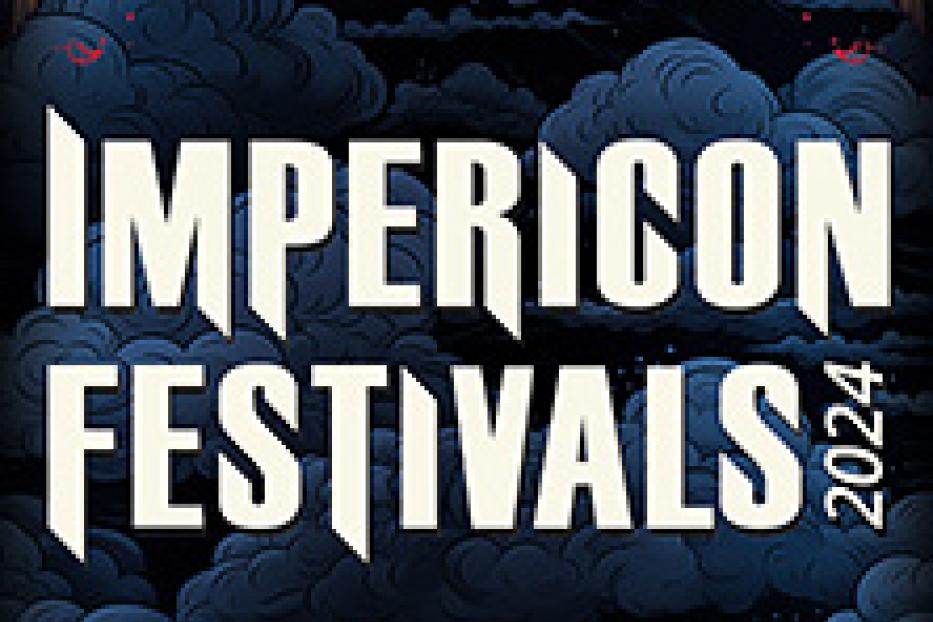 Ein Werbeplakat für das Impericon Festivals 2024 vor einem Hintergrund aus dunklen Wolken.